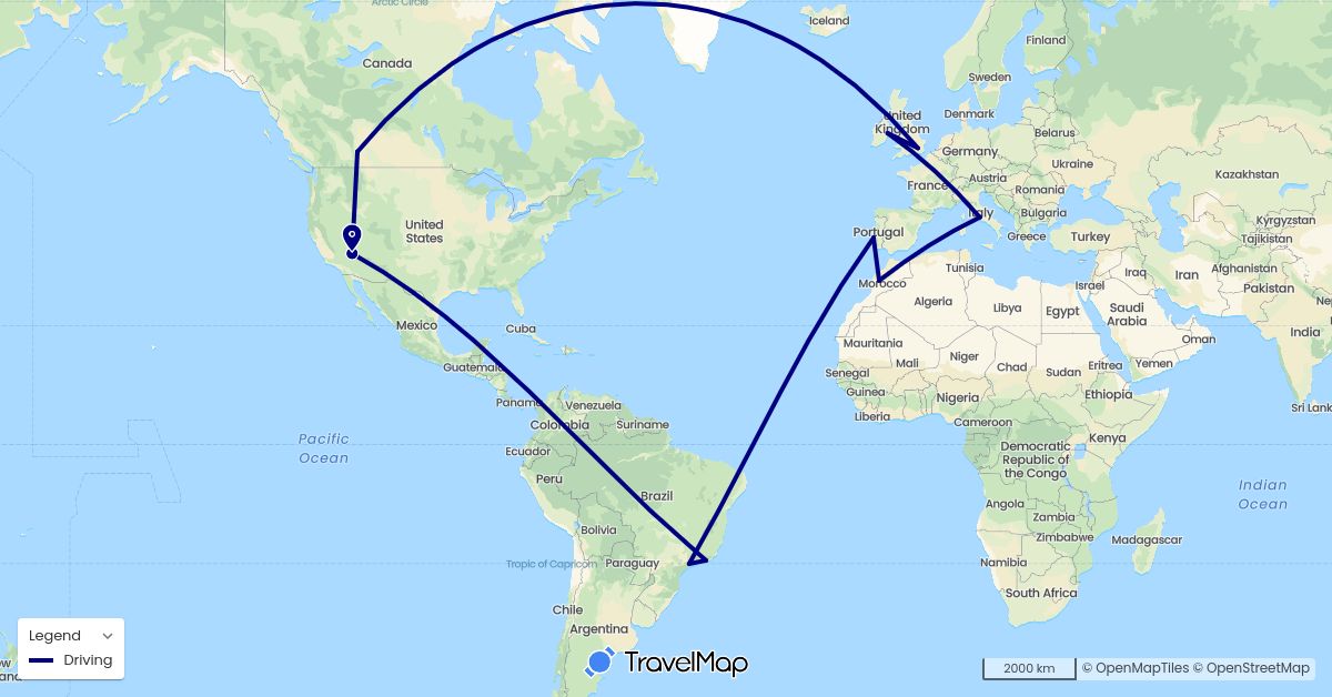 TravelMap itinerary: driving in Brazil, Canada, United Kingdom, Ireland, Italy, Morocco, Portugal, United States (Africa, Europe, North America, South America)